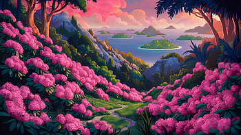 Vibrant Tropical Landscape with Pink Flowers, tropical, landscape, pink, flower HD wallpaper