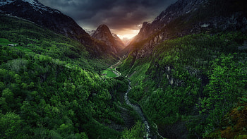 Aerial View Of Greenery Trees River Mountains Village Nature HD wallpaper