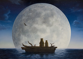 Moonlighters, boat, night, art, urs, robert bissell, summer, painting, bear, moon, fantasy, pictura, luna, water, silhouette, vara HD wallpaper