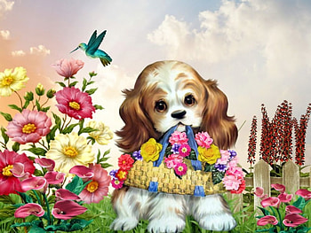 PUPPY WITH BASKET OF FLOWERS, FLOWERS, BASKET, PUPPY, CREATION HD wallpaper
