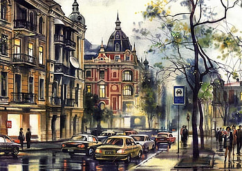 RAINY DAY IN THE CITY, traffic, rain, weather, cityscape, shopping, buildings, pedestrians, street scene, climate, vehicles HD wallpaper