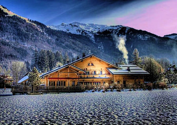 Mountain chalet, winter, lights, chimney, smoke, trees, chalet, mountains HD wallpaper