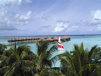 Sailing By, huts, catamaran, pier, palm trees, ocean HD wallpaper