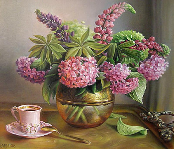 Afternoon Tea, tea, cup, still life, tray, leaves, painting, base, saucer, spoon HD wallpaper