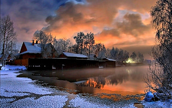 Countryside Winter, river, ive, snow, house, clouds, trees, sky HD wallpaper