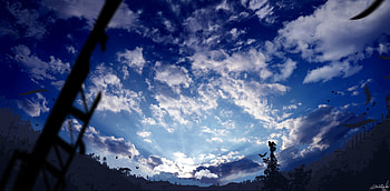 Manga Original Art Clouds Sky Birds , anime-girl, anime, artist, artwork, digital-art, clouds, sky, birds HD wallpaper