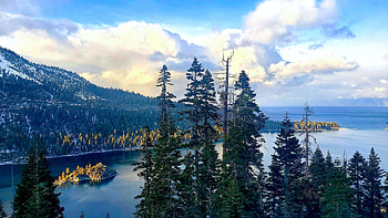 Emerald Island, Lake Tahoe, California, clouds, trees, sky, usa, hills HD wallpaper