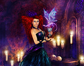 Madam Dragonessa, purple, fantasy, candle, dragon, cosmosue, redhead, girl HD wallpaper