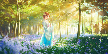 Spring, blue, wayne chan, meadow, girl, tree, fantasy, light, flower, green, yellow, luminos, forest HD wallpaper