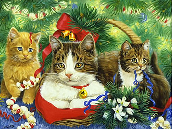 Christmas kittens, sweet, animal, kitten, basket, holiday, christmas, cat HD wallpaper