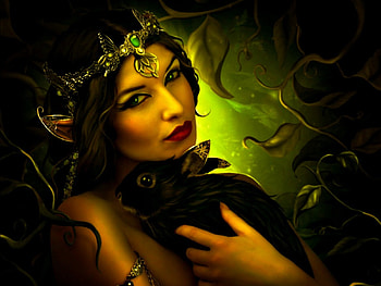 A forest couple, animal, elena dudina, woods, art, girl, elf, beauty, woman, bunny, crown, tiara, fantasy, green, luminos, forest, rabbit HD wallpaper