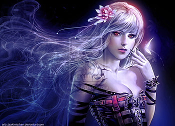 anime, night, purple, red eyes, flowers, blush, long hair HD wallpaper