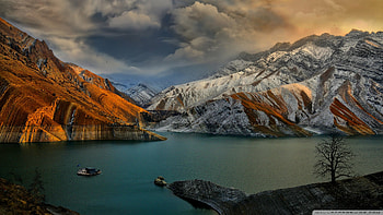 amirkabir damn, boat, sky, mountains, lake HD wallpaper
