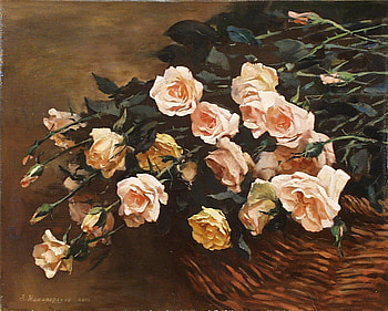 roses in basket, basket, still life, roses, painted HD wallpaper