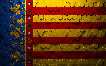 Flag of Valencia, honeycomb art, Valencia hexagons flag, Valencia 3d hexagons art, Valencia flag HD wallpaper