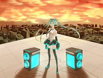 Hatsune Miku, horizon, awesome, nice, skyscrapers, hatsune, aqua eyes, sunset, white, twintail, girl, headset, singer, aqua, anime, pretty, virtual, blue, black, song, heads, cute, vocaloid, beauty, miku, buildings, music, vocaloids, thighhighs, program, skirt, city, beautiful, diva, orange, tie, aqua hair, cool, clouds, sky, idol, micro HD wallpaper