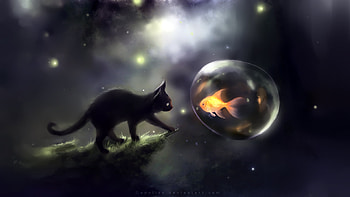 Cat and fish, golden, black, fantasy, pisici, apofiss, cat, fish, bubble, art HD wallpaper