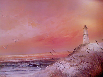 Lighthouse, sea, orange clouds, waves, seagulls, orange, sunset HD wallpaper