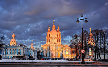 Cities, Trees, Lamp, Lantern, St. Petersburg, Saint Petersburg, Smolny Cathedral, Resin Cathedral HD wallpaper