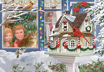 A new home for the birds, window, craciun, art, bird, pictura, christmas, house, people, painting HD wallpaper