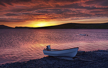 Nature, Sunset, Mountains, Shore, Bank, Ripples, Ripple, Boat, Romance, Cutter HD wallpaper