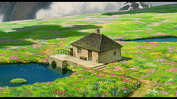 Anime anime Studio Ghibli landscape house water field cottage flowers peaceful Howl's Moving Castle HD wallpaper