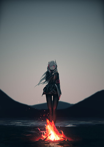 Anime girl, campfire, outdoor, original HD phone wallpaper