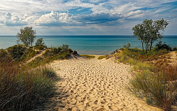 Lake Michigan Beach, sand, America, beach, lake, clouds HD wallpaper