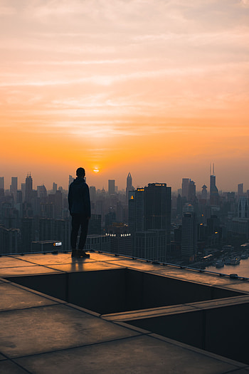 Sunset, City, Building, Dark, Overview, Review, Human, Person, Roof HD phone wallpaper