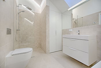 Bright and luxurious bathroom with contemporary fixtures and sleek design. HD wallpaper