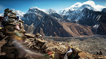 flags flapping before the great himalayas, movement, mountains, flags, rocks HD wallpaper
