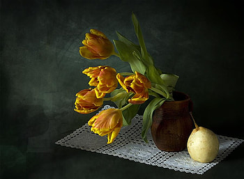 Colour Splash, bouquet, stems, doily, floral, vase, tulips, spring, still life, leaves, yellow, apple, flowers, lacey HD wallpaper
