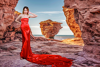 Jasmine Hane in Red, model, gown, beach, brunette, canada HD wallpaper