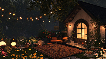 Cozy Evening in the Backyard - Ultra, Backyard, cozy evening, cottage, garden, nighttime HD wallpaper