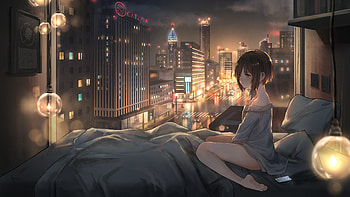 Anime girl city lights, , Anime HD wallpaper