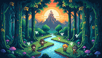 Anime Forest — Sunlit River Sanctuary, Mountain, Pixel Art HD wallpaper