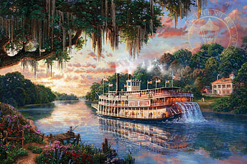 The River Queen, artwork, river, clouds, paddle steamer, trees, sky, evening, sunset, painting HD wallpaper
