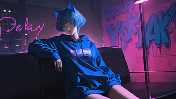 Blue Hair Cat Ear Anime Girl Sitting On Couch Neon Graffiti, anime, girl, blue, dress, artist, artwork, art, digital-art, deviantart HD wallpaper