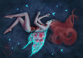 Sleeping Fairy, redhead, sleep, dark, night, blue, wings, art, girl, zero akuma, view from the top, fairy HD wallpaper