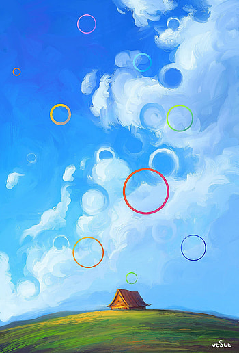 Art, Clouds, Circles, Hill, Izba HD phone wallpaper