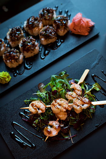 Delicious grilled shrimp skewers served with mixed greens and balsamic glaze, perfect for a gourmet dining experience. HD phone wallpaper