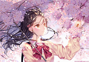 :-), umbrella, kiwikong, pink, anime, girl, spring, manga, blossom HD wallpaper