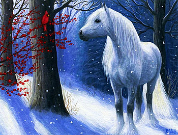 A Friend in the Berries, winter, artwork, horse, painting, snow, trees HD wallpaper