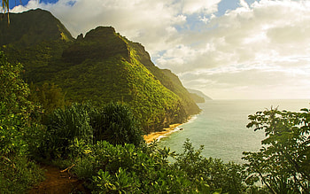 Kalalau Trail on Kauai - Hawaii, coast, sea, trees, clouds, sky, mountains, usa HD wallpaper