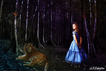 Alice Amongst Nature, tiger, alice, fantasy, nature, forest HD wallpaper