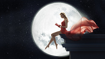 Fantasy Girl Sitting On Roof Reading Book Moon, fantasy-girls, moon HD wallpaper
