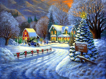 December Farm, winter, holidays, December, attractions in dreams, paintings, Christmas Trees, snowman, love four seasons, cottages, Christmas, snow, farms, xmas and new year, cardinals HD wallpaper