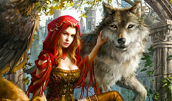BFF, digital, art, fantasy, girl, wolf, friends, woman HD wallpaper