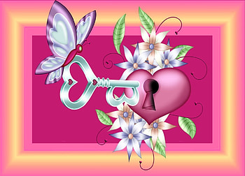 Heart And Key, silver, pink, peach, orange HD wallpaper
