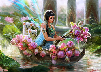 The gift of life, boat, cub, inna vjuzhanina, lion, flower, water, innavjuzhanina, vara, frumusete, white, leu, art, gorgeous, girl, fairy, superb, summer, pink, fantasy, luminos HD wallpaper